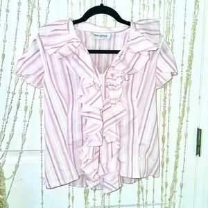 Anne Fontaine meets Barbie, pink white pinstripe ruffle top!